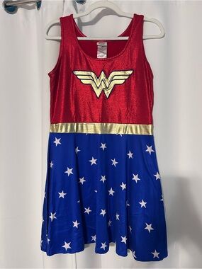 Wonder Woman Inspired Red & Blue Girl's Dress with Gold Emblem
